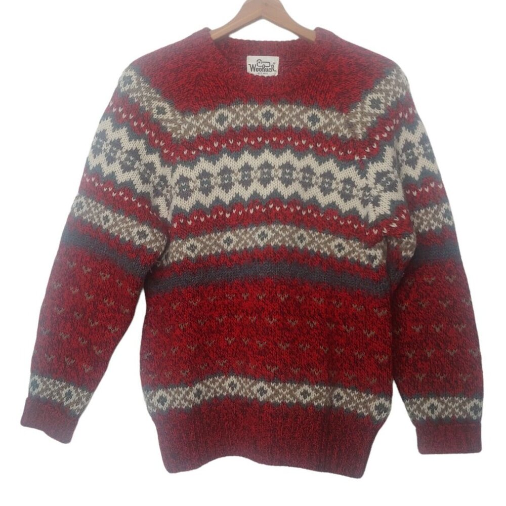 Woolrich Vintage Women's Small Sweater Chunky Pullover Red Gray White Hong Kong